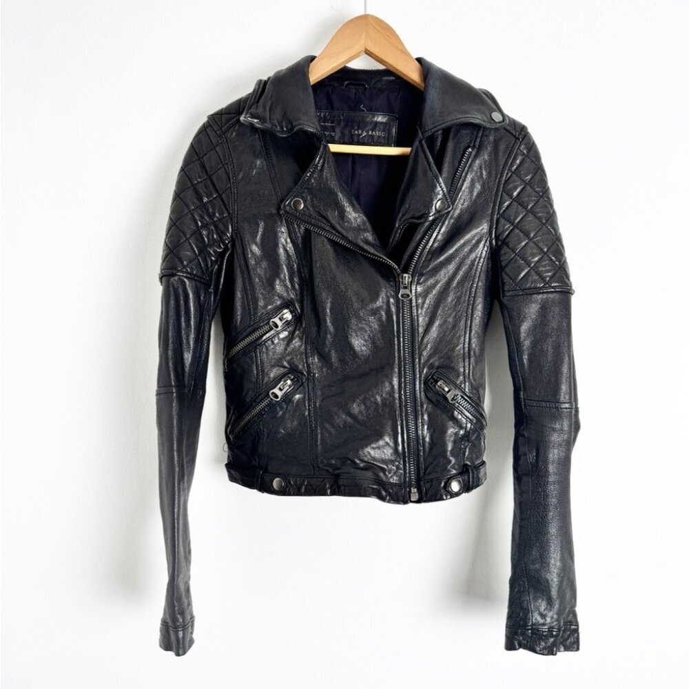 Rare Zara Black Lamb Leather Biker Moto Jacket size S